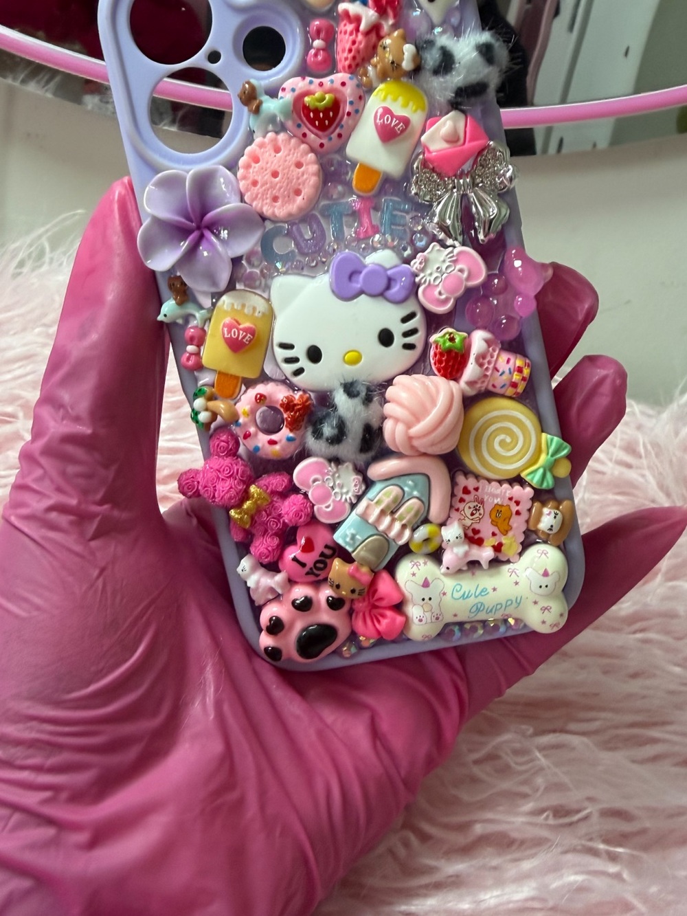 iPhone 17 Hello Kitty Pink Lavender Decoden Case with Cute 3D Charms